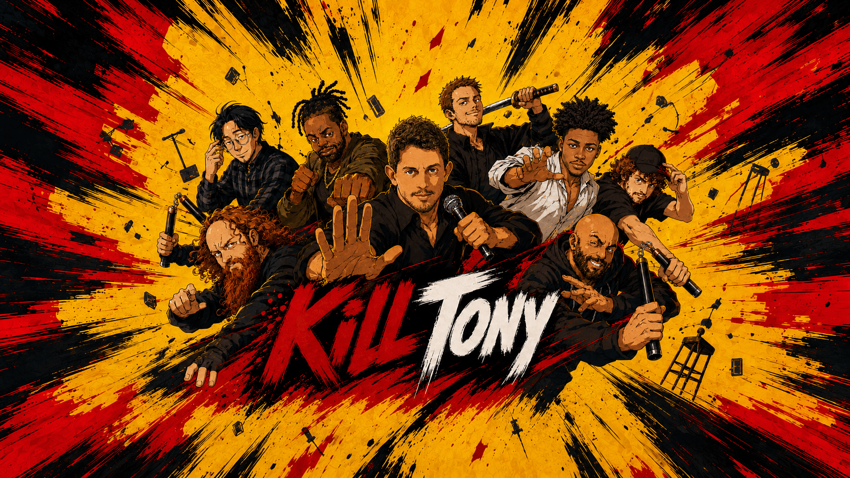 Anime-style Kill Tony cast illustration